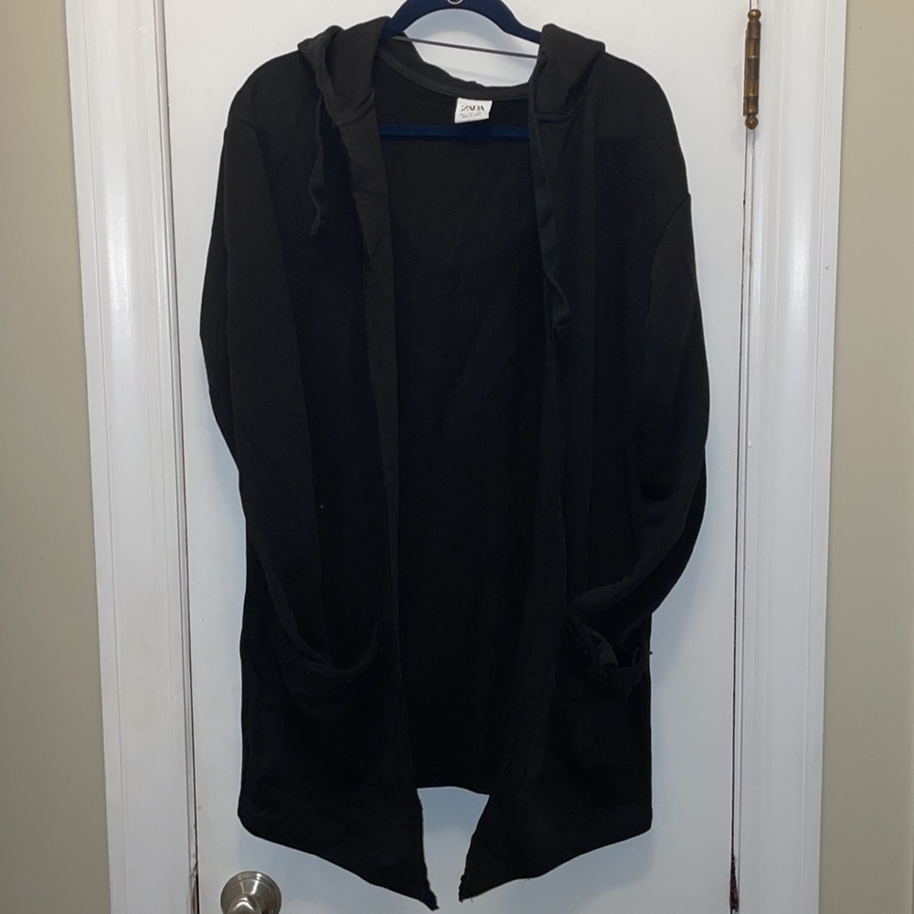 Zara Distressed Black Hooded Duster Small GUC